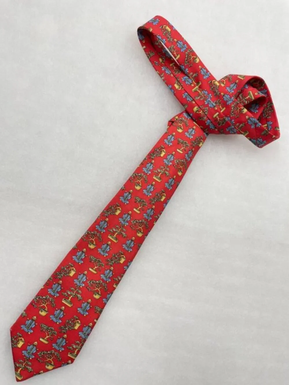 Alain Figaret Paris Silk Tie Red Meditating Yoga Monk Bonsai Tree France Made